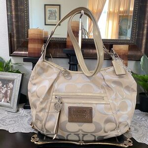 Coach Beige and Cream Poppy Shoulder Bag,Silver, Med/Large